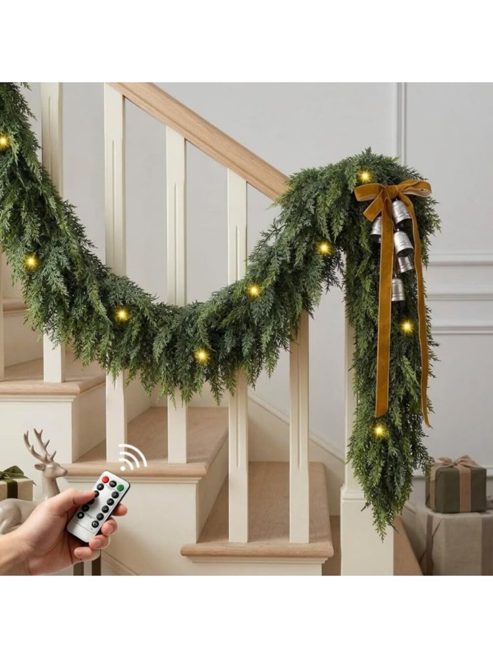 9FT 2Pcs Christmas Cedar Garland with Lights Realistic Faux Pine Garlands